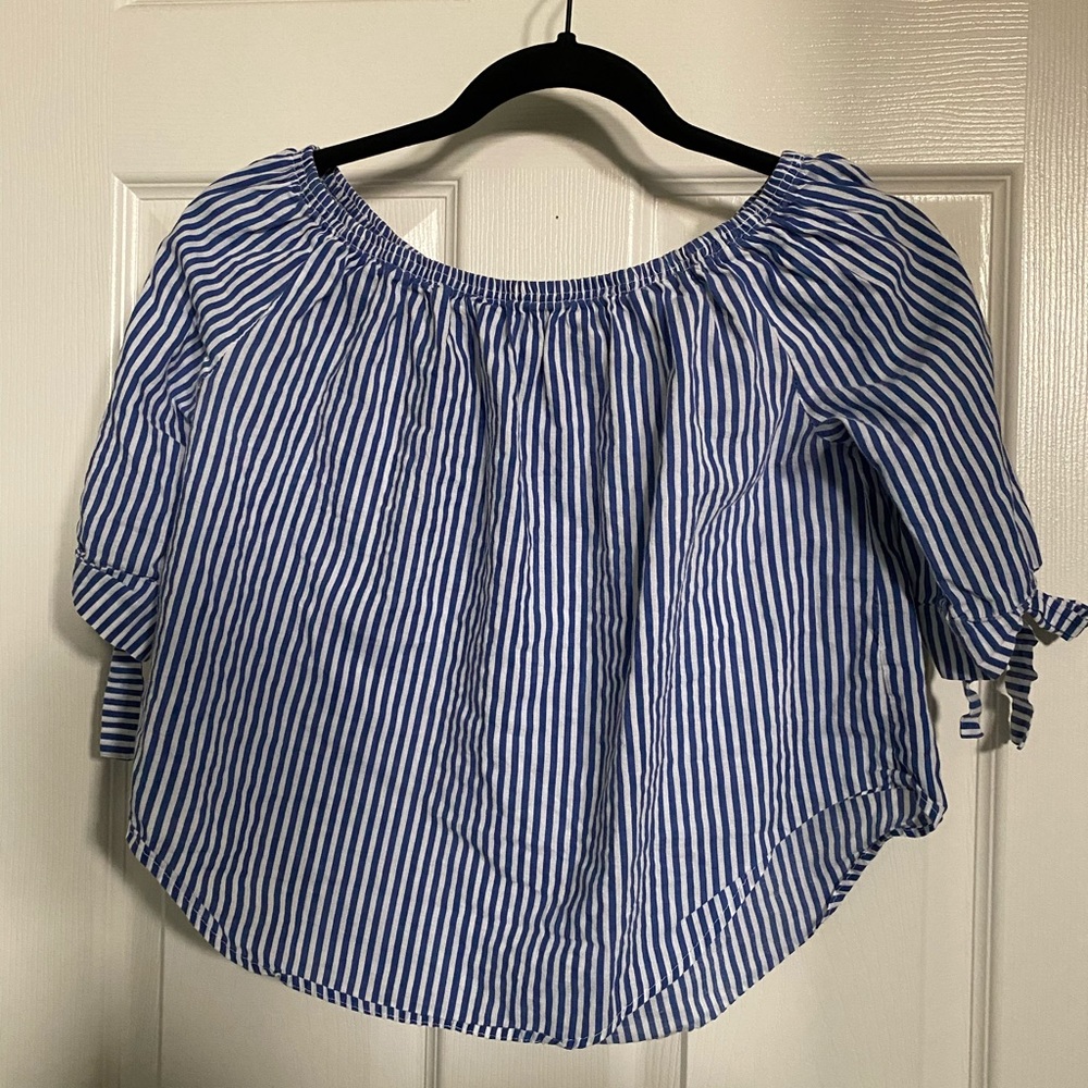 Striped blue off the shoulder top.